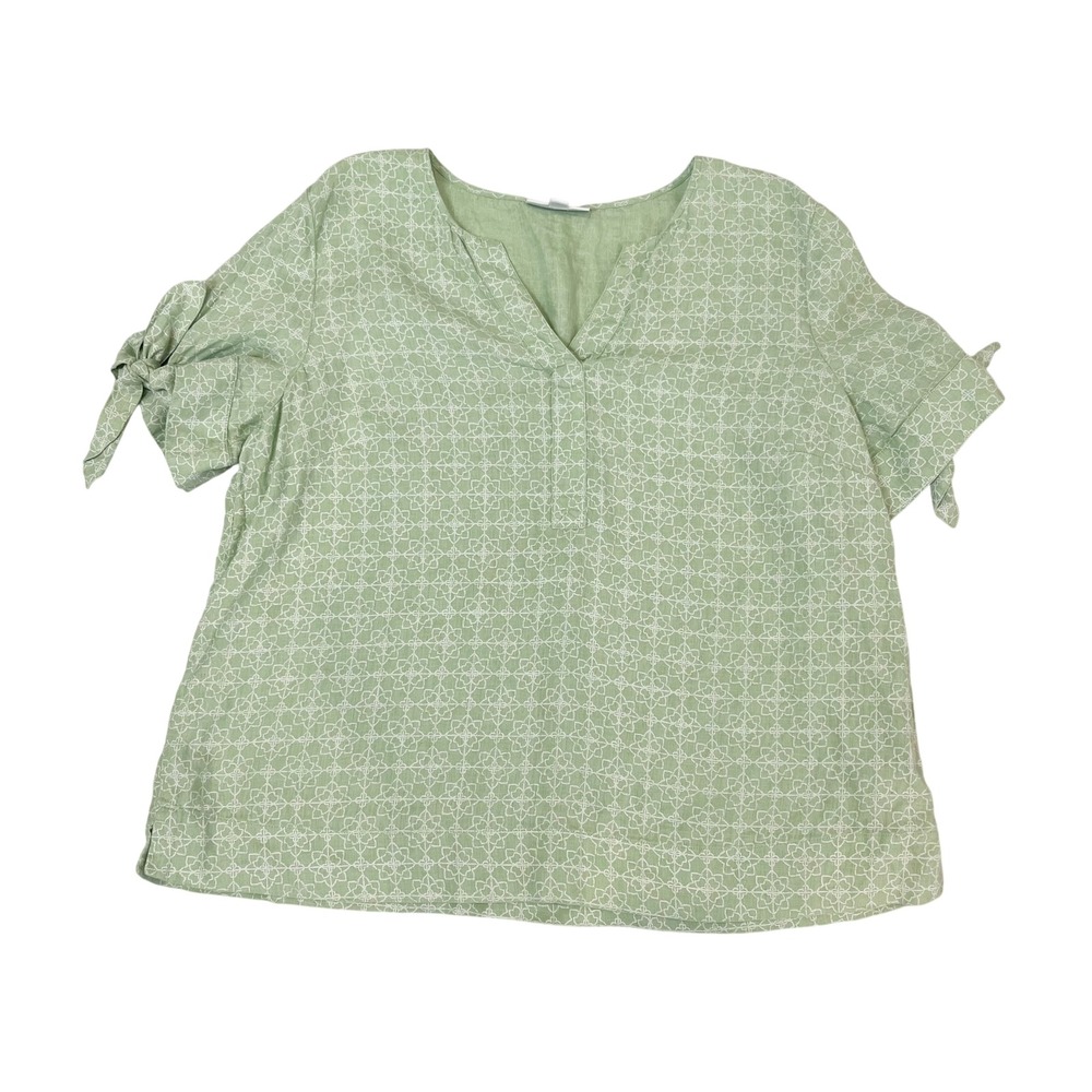Charter Club Luxury Linen Top XL Green Geometric Print V-Neck Tie Sleeve Coastal